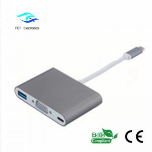 USB TYPE-C to USB3.0 female + VGA female + PD three in one converter  ABS shell  Code:FEF--USBIC-007